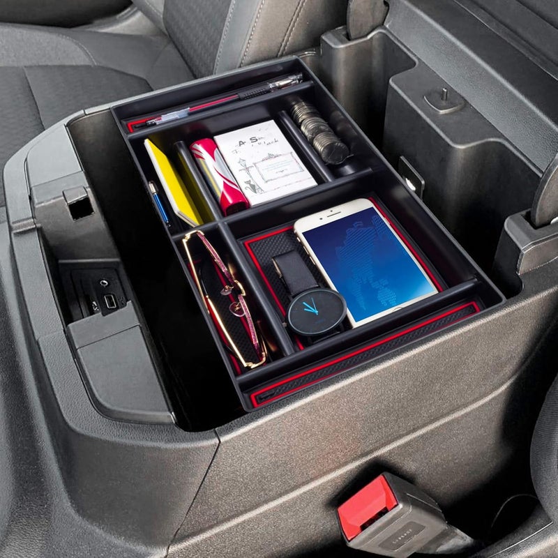 PIMCAR Center Console Organizer Compatible with 2019-2022 Chevy Silverado 1500/GMC Sierra 1500 & 2020-2023 Chevy Silverado/GMC Sierra 2500 HD/3500 HD (Full Console w/Bucket Seats ONLY) Red Trim - Image 1